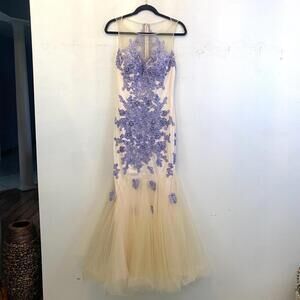 BOUBOU cream and blue hand beaded maxi tulle formal gown